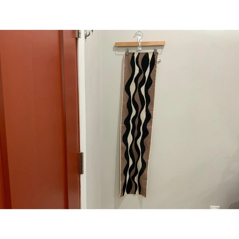 Vera  Vintage Oblong Scarf Abstract Wavy Print Black Brown Cream Japan